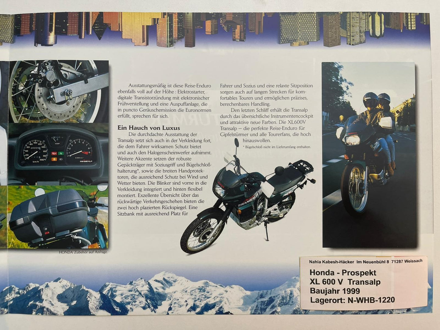 Prospekt Honda XL600V Transalp Bj. 1999 + Aufkleber