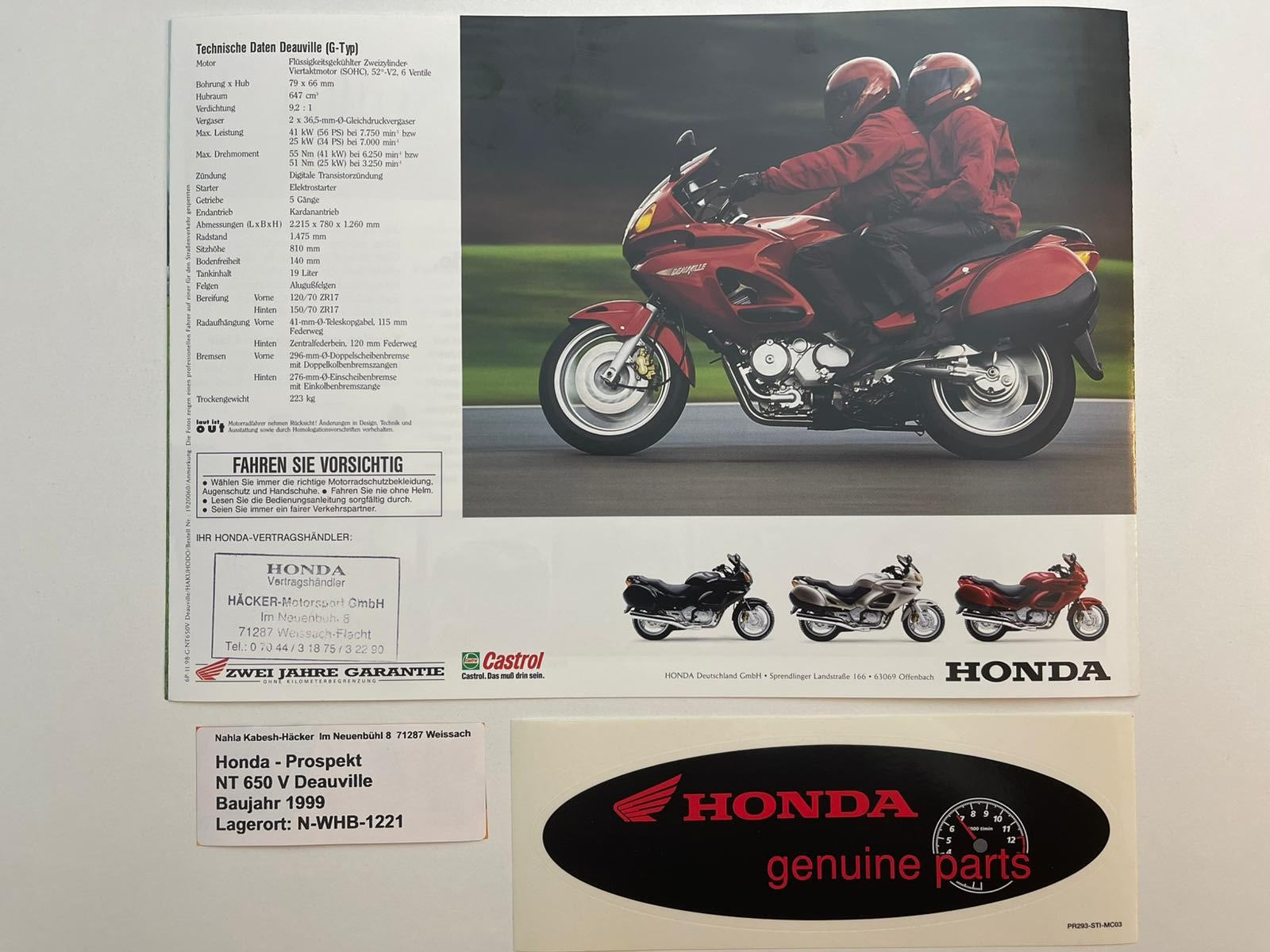 Prospekt Honda NT650V Deauville Bj. 1999 + Aufkleber