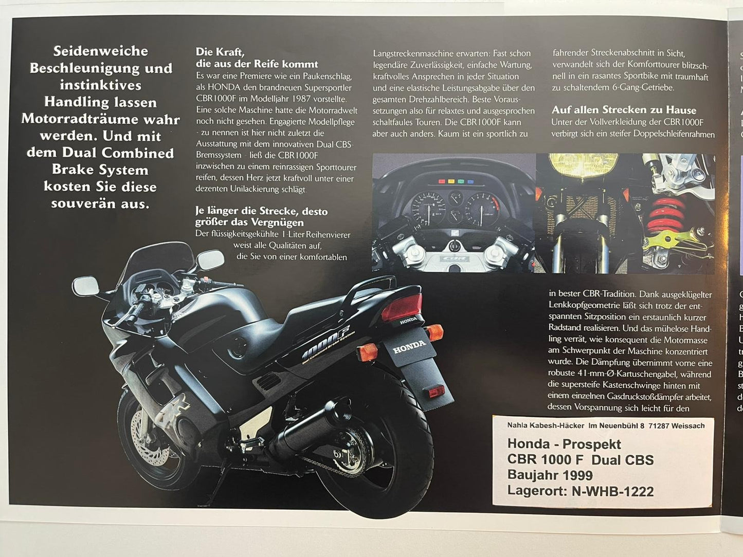Prospekt Honda CBR1000F Dual CBS Bj. 1999 + Aufkleber