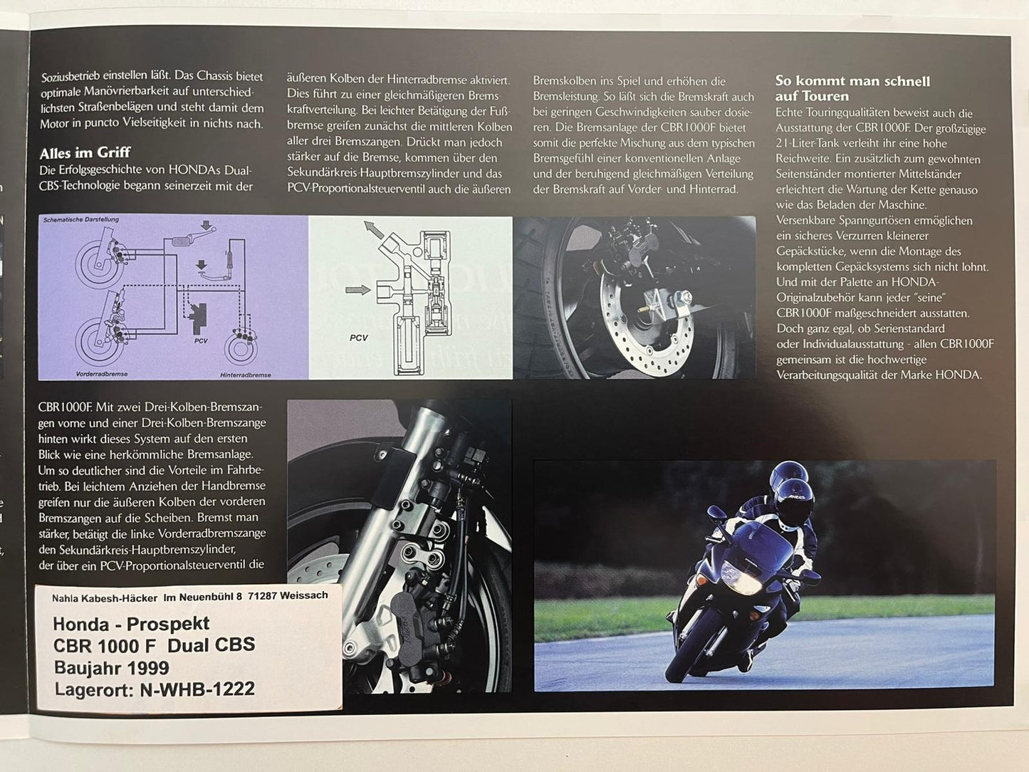 Prospekt Honda CBR1000F Dual CBS Bj. 1999 + Aufkleber