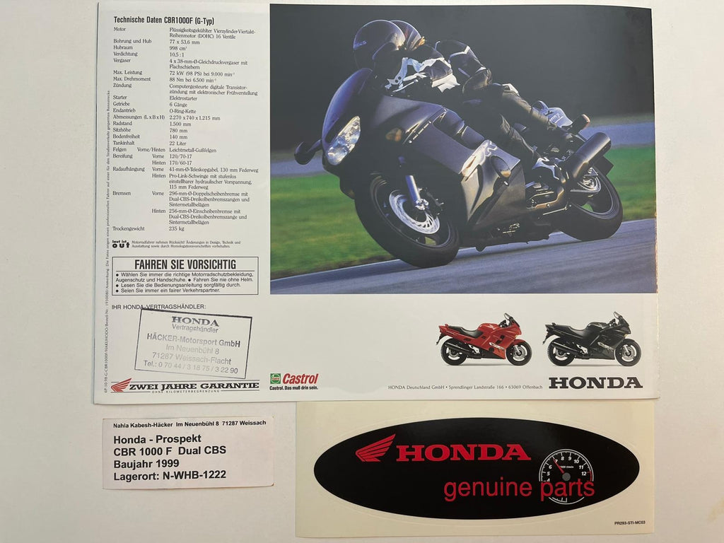 Prospekt Honda CBR1000F Dual CBS Bj. 1999 + Aufkleber