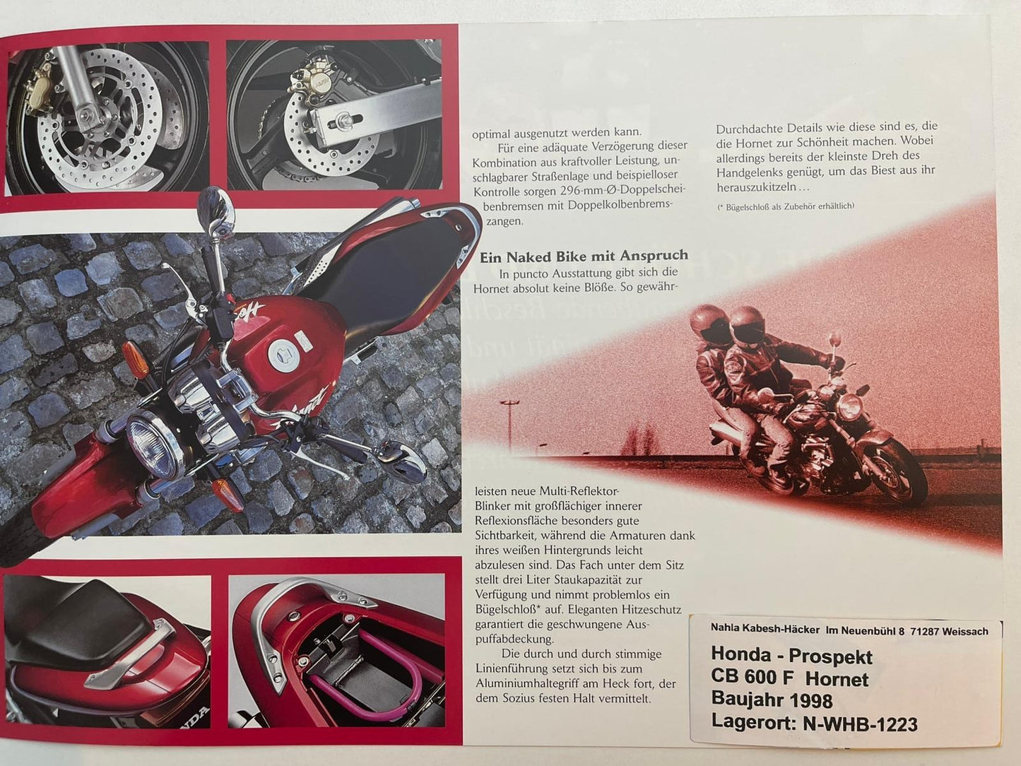 Prospekt Honda CB600F Hornet Bj. 1998 + Aufkleber