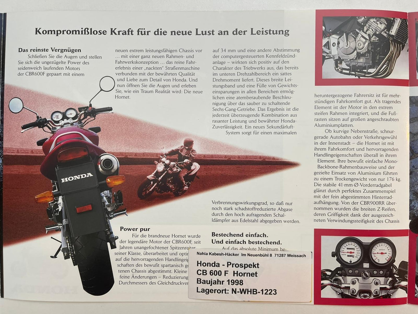Prospekt Honda CB600F Hornet Bj. 1998 + Aufkleber