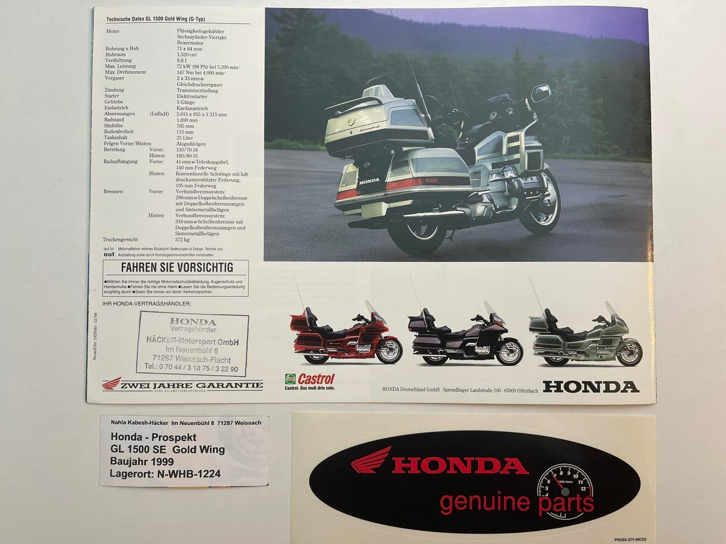 Prospekt Honda GL1500SE Gold Wing Bj. 1999 + Aufkleber