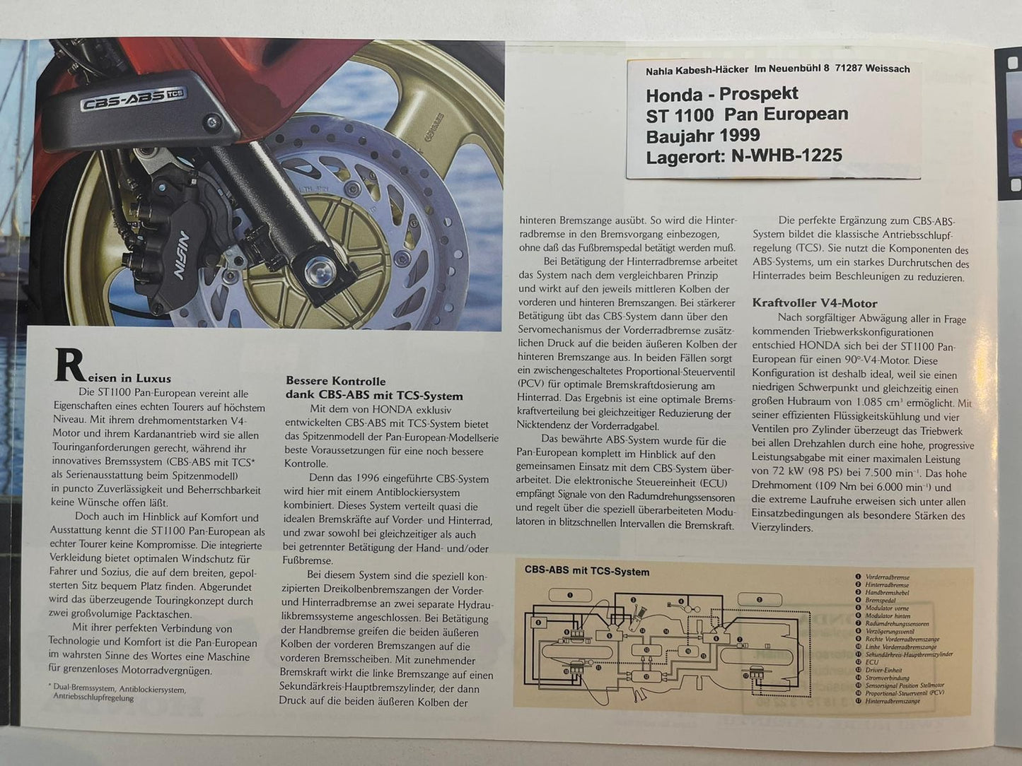 Prospekt Honda ST1100 ST 1100 A Pan European Bj. 1999 + Aufkleber