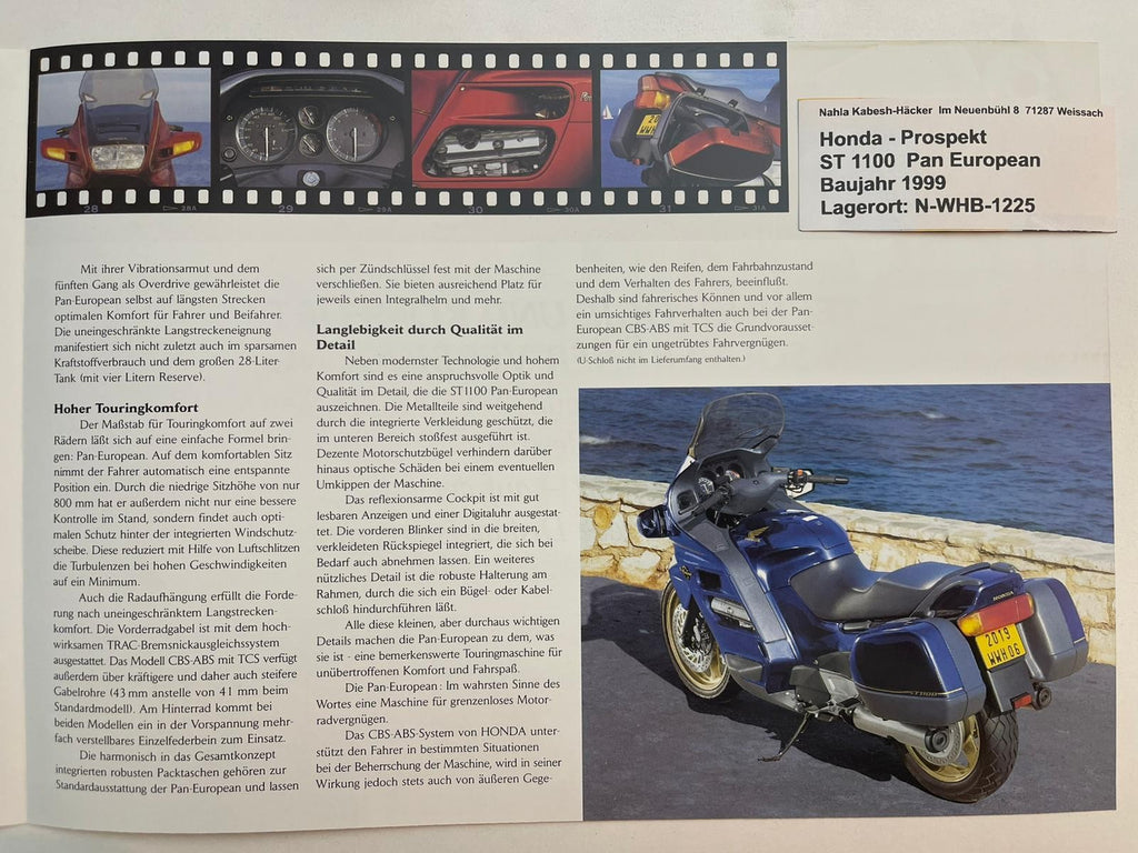 Prospekt Honda ST1100 ST 1100 A Pan European Bj. 1999 + Aufkleber