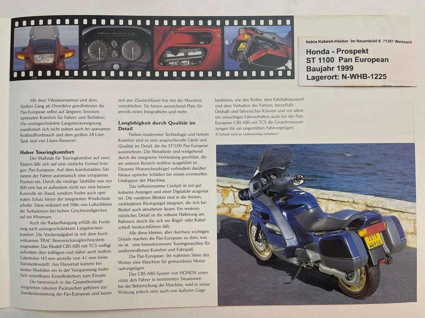 Prospekt Honda ST1100 ST 1100 A Pan European Bj. 1999 + Aufkleber