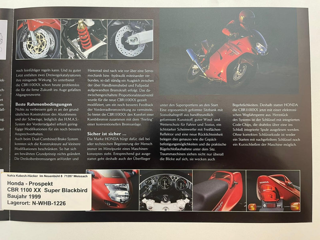 Prospekt Honda CBR1100XX Blackbird Bj. 1999 + Aufkleber