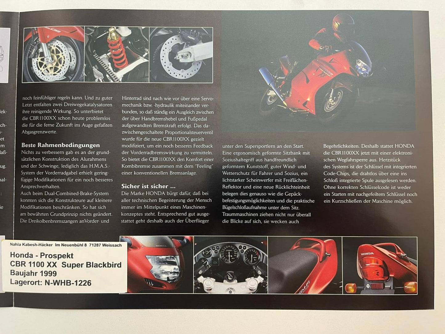 Prospekt Honda CBR1100XX Blackbird Bj. 1999 + Aufkleber
