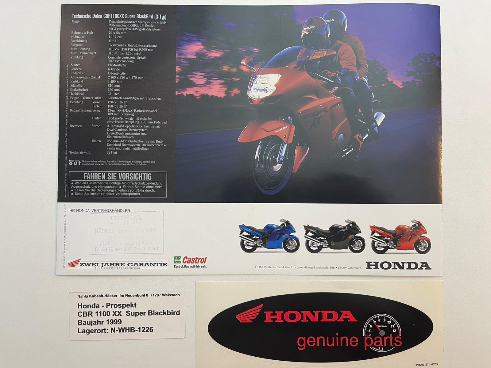 Prospekt Honda CBR1100XX Blackbird Bj. 1999 + Aufkleber