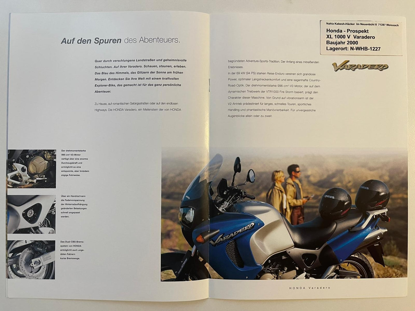 Prospekt Honda XL1000V Varadero Bj. 2000 + Aufkleber