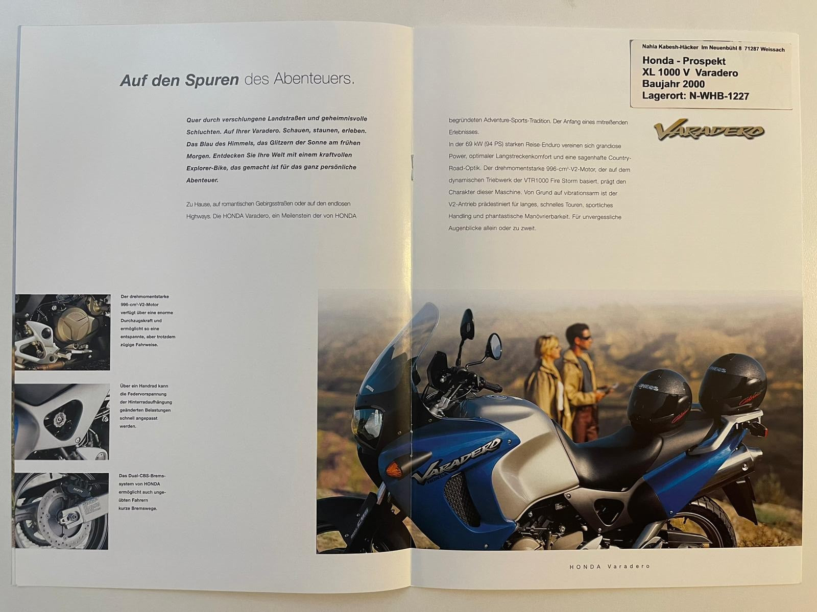 Prospekt Honda XL1000V Varadero Bj. 2000 + Aufkleber