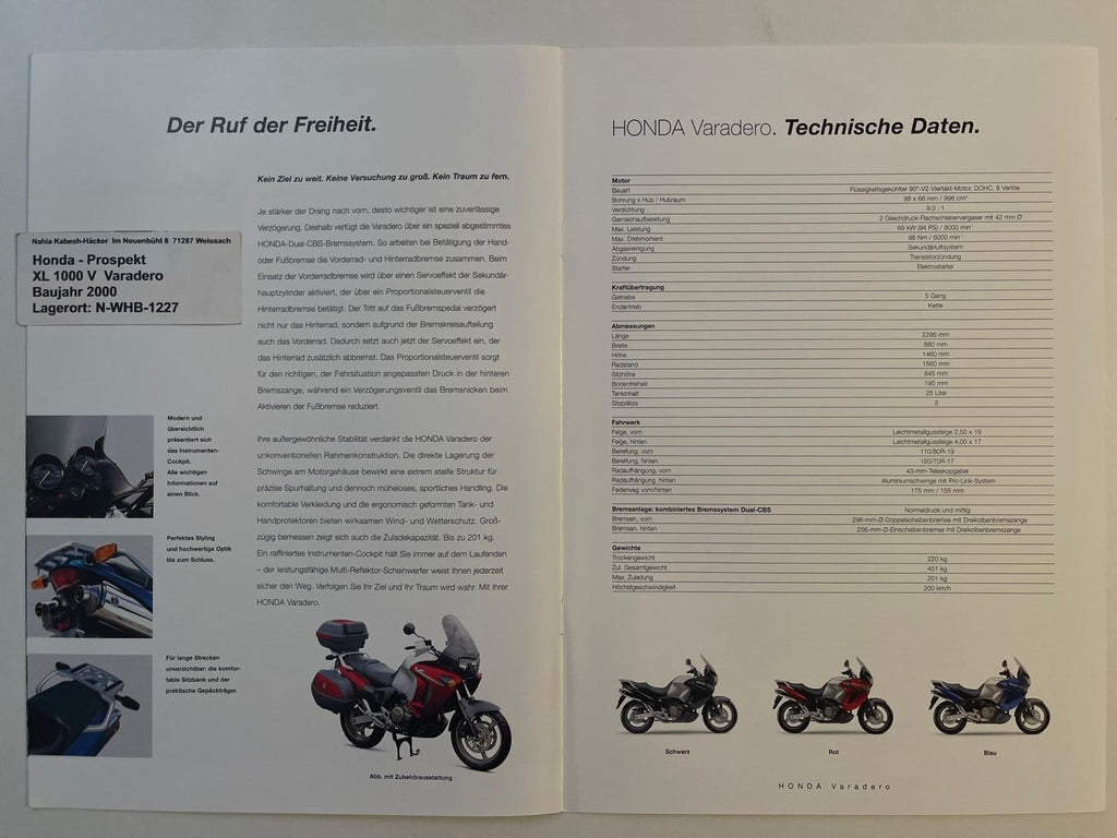 Prospekt Honda XL1000V Varadero Bj. 2000 + Aufkleber