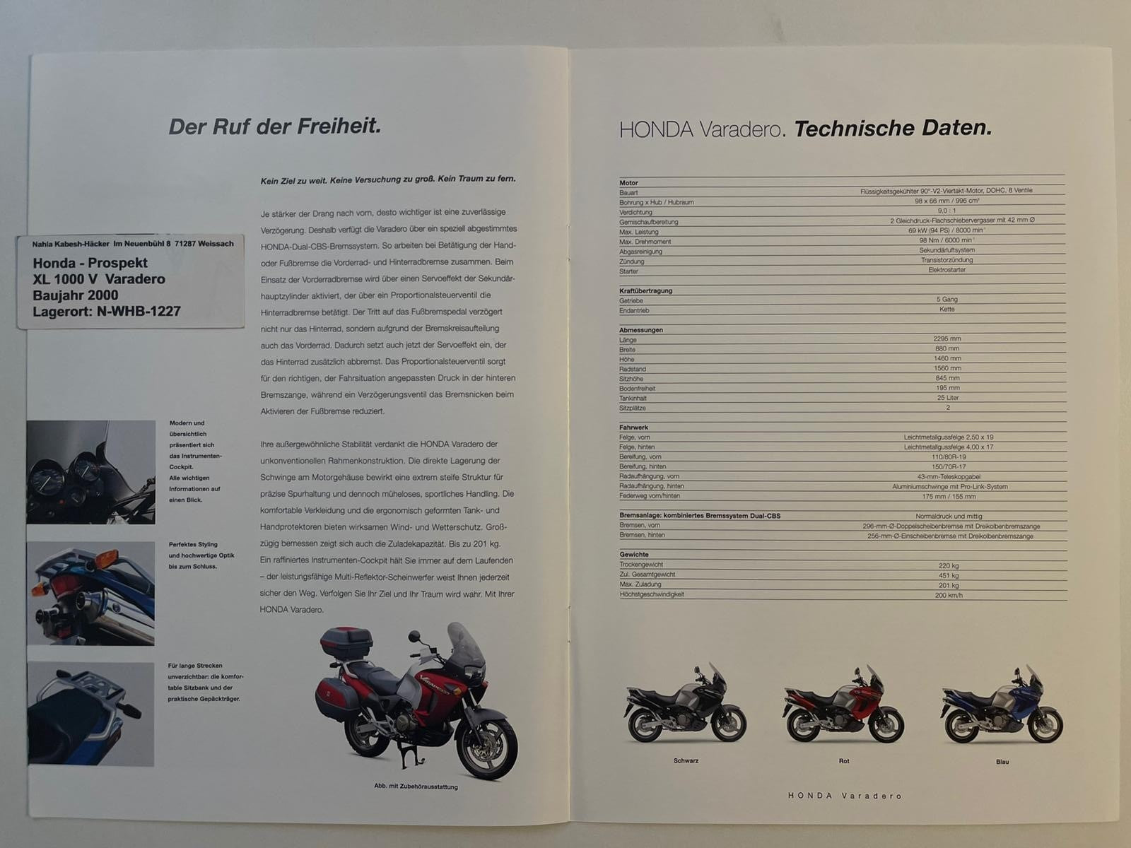 Prospekt Honda XL1000V Varadero Bj. 2000 + Aufkleber