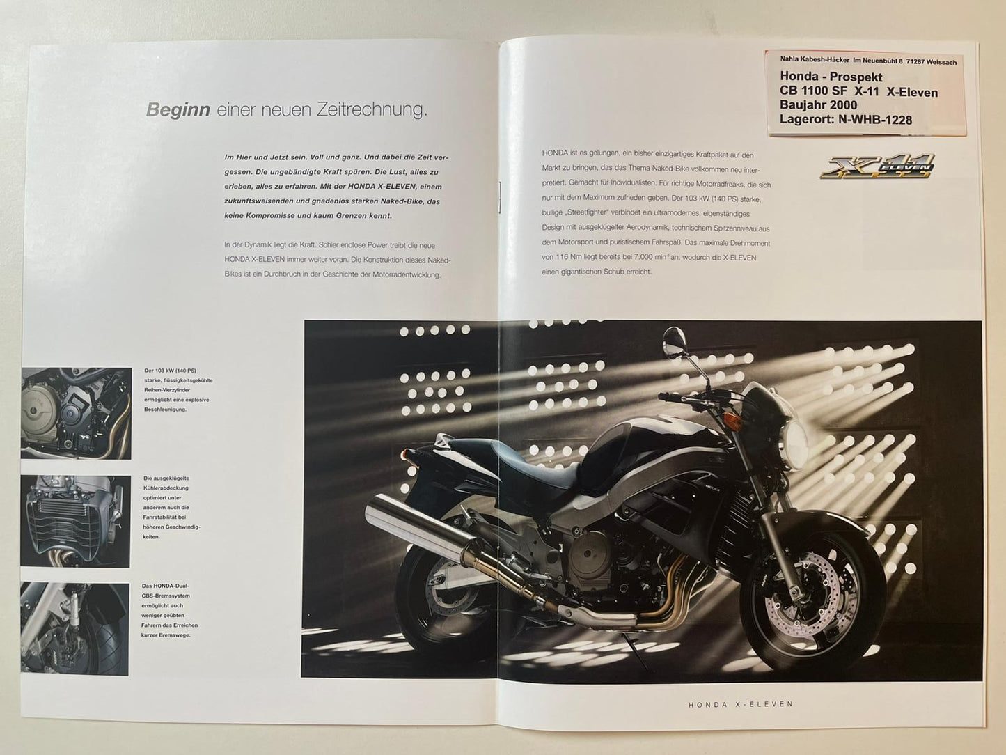 Prospekt Honda CB1100SF X-Eleven X-11 Bj. 2000 + Aufkleber