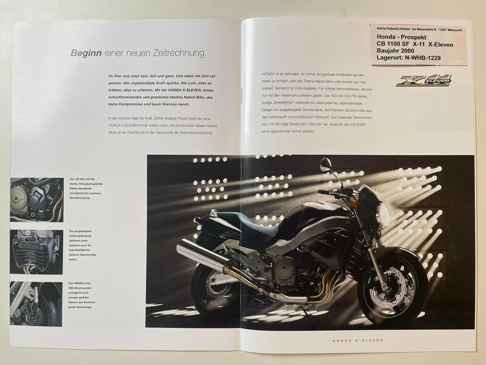 Prospekt Honda CB1100SF X-Eleven X-11 Bj. 2000 + Aufkleber