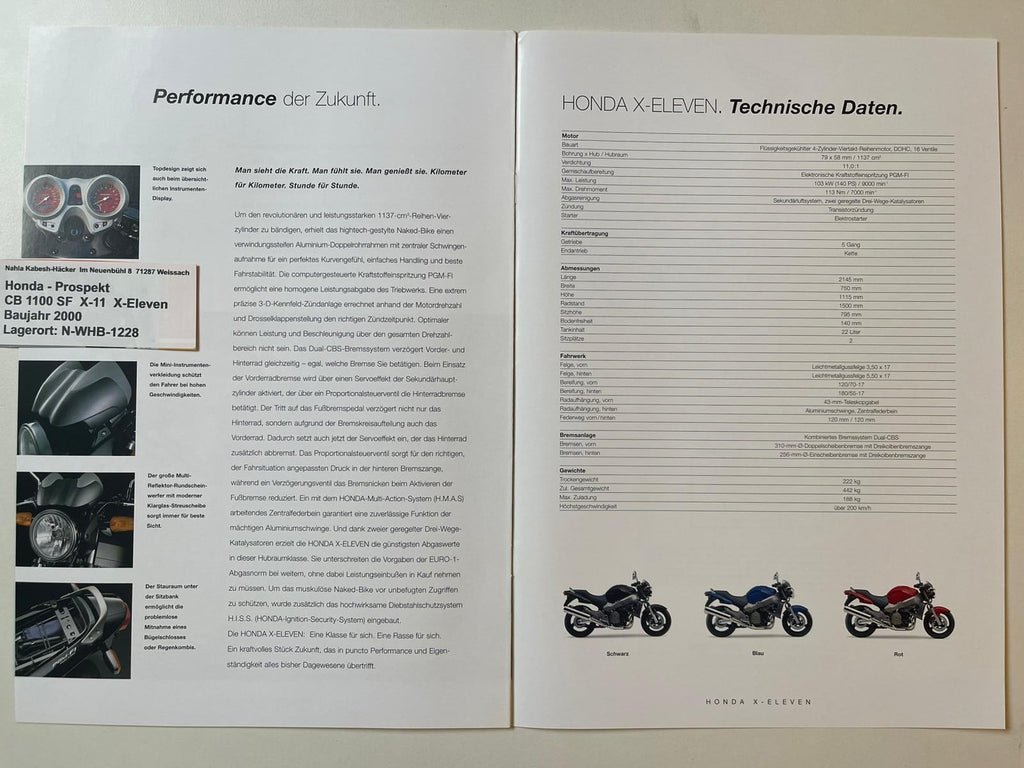 Prospekt Honda CB1100SF X-Eleven X-11 Bj. 2000 + Aufkleber