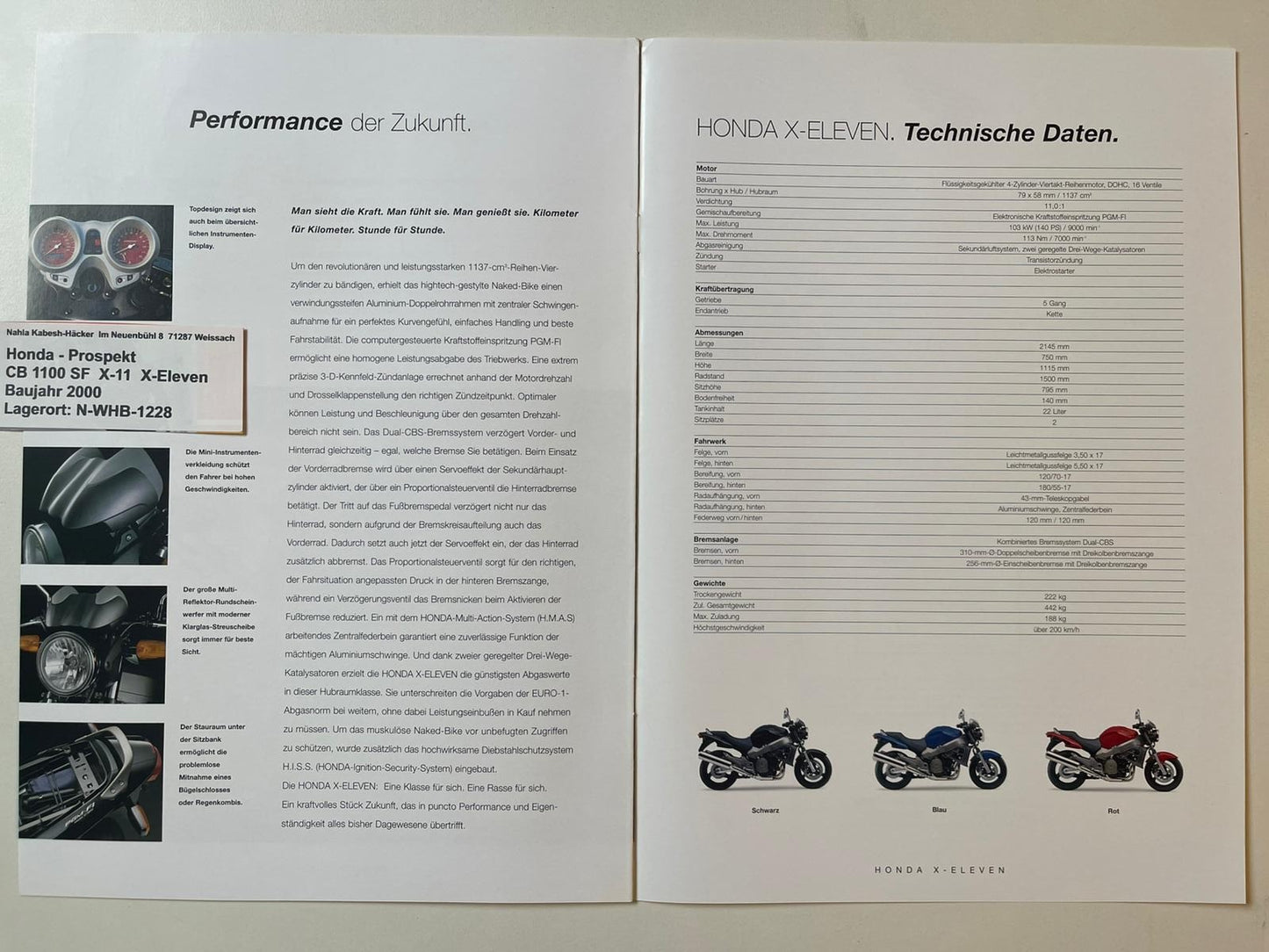 Prospekt Honda CB1100SF X-Eleven X-11 Bj. 2000 + Aufkleber