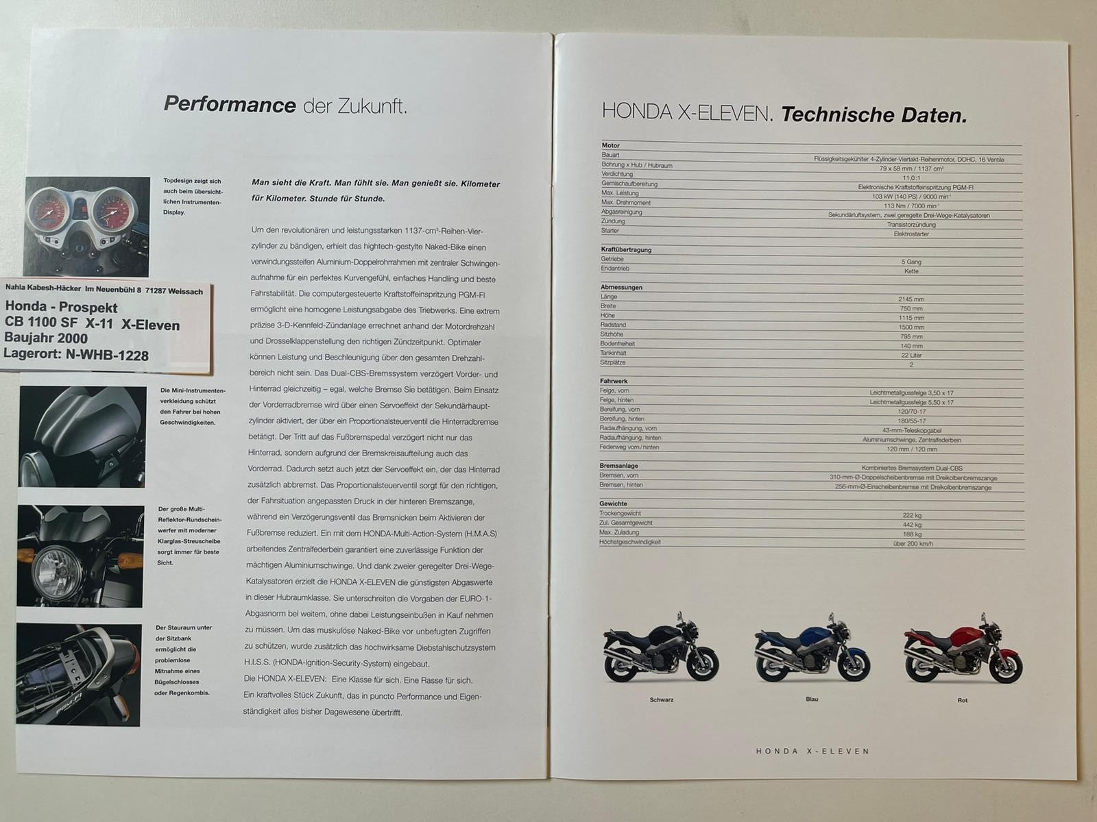 Prospekt Honda CB1100SF X-Eleven X-11 Bj. 2000 + Aufkleber