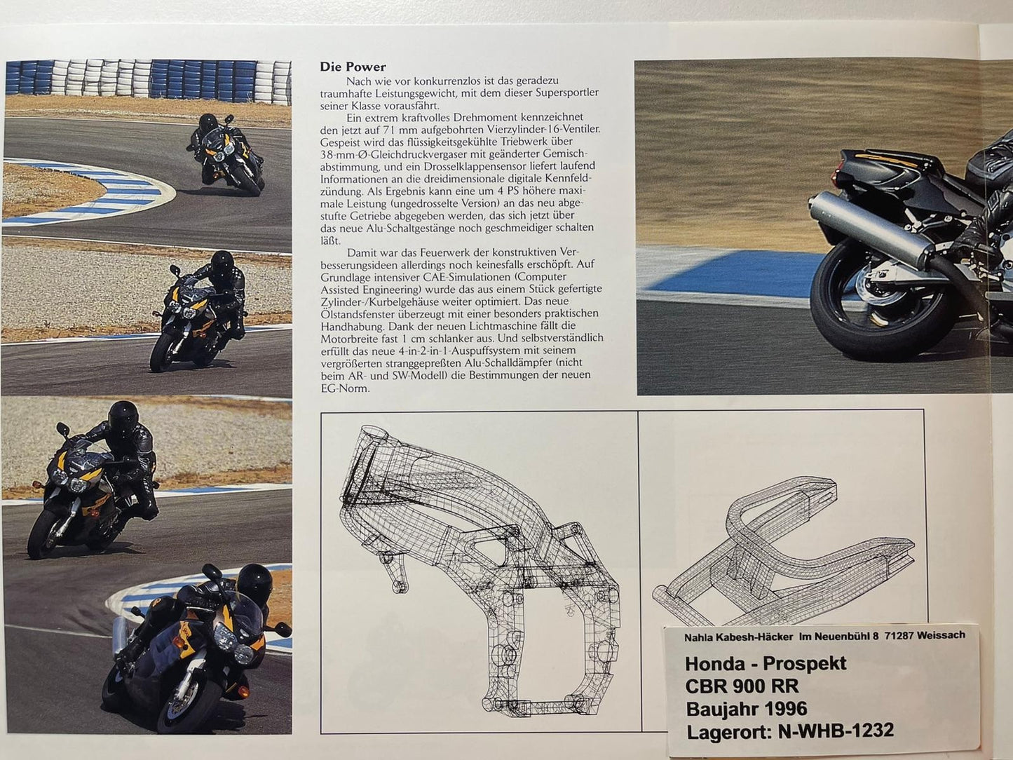 Prospekt Honda CBR900RR CBR 900 RR_Fire Blade Bj. 1996 + Aufkleber
