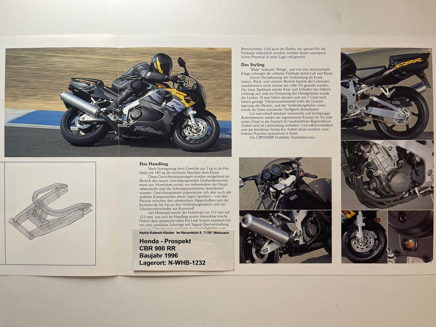 Prospekt Honda CBR900RR CBR 900 RR_Fire Blade Bj. 1996 + Aufkleber
