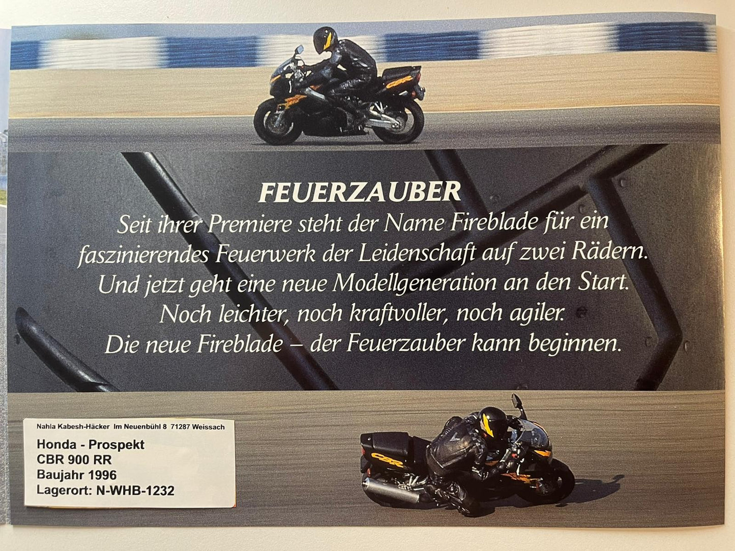 Prospekt Honda CBR900RR CBR 900 RR_Fire Blade Bj. 1996 + Aufkleber