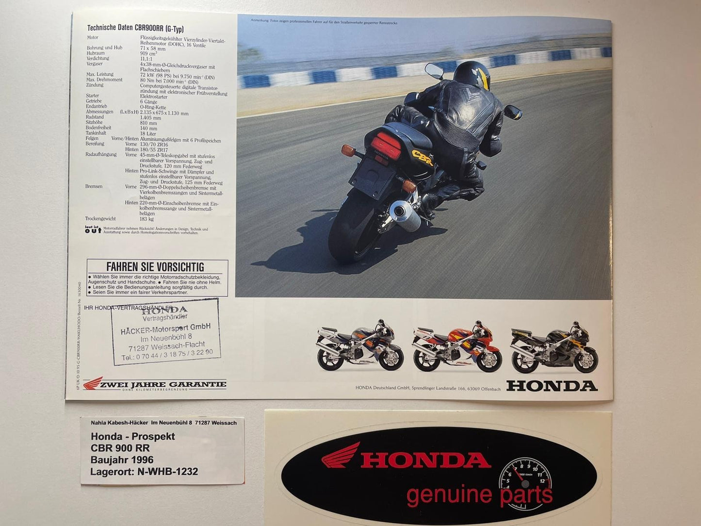 Prospekt Honda CBR900RR CBR 900 RR_Fire Blade Bj. 1996 + Aufkleber