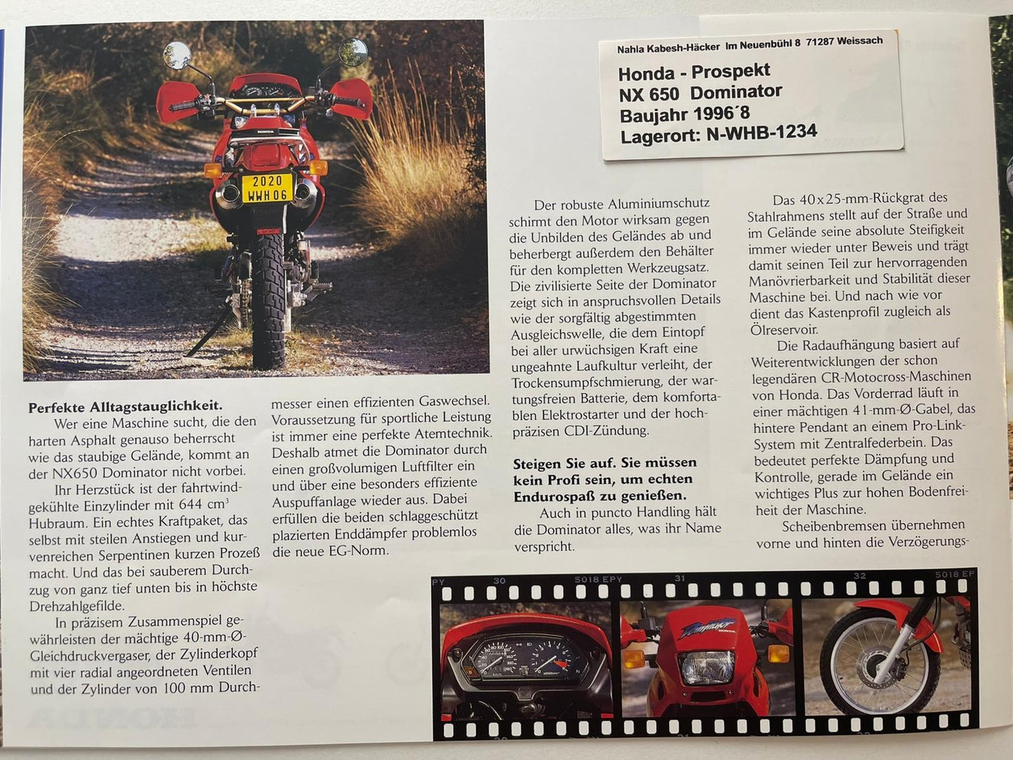 Prospekt Honda NX650 NX 650 Dominator Baujahr 1998 + Aufkleber