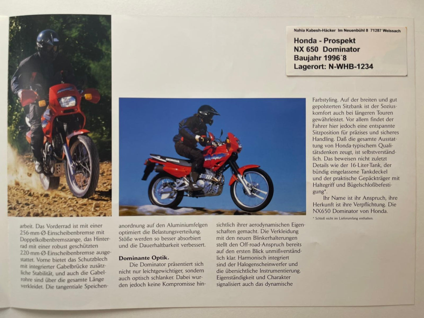 Prospekt Honda NX650 NX 650 Dominator Baujahr 1998 + Aufkleber