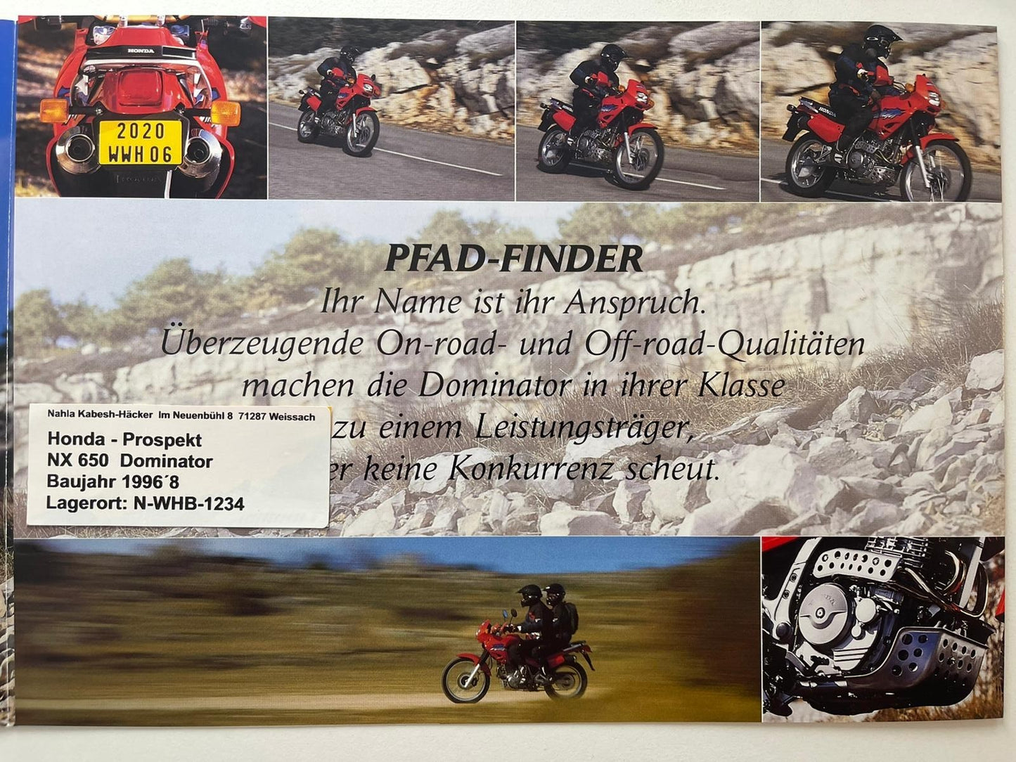 Prospekt Honda NX650 NX 650 Dominator Baujahr 1998 + Aufkleber