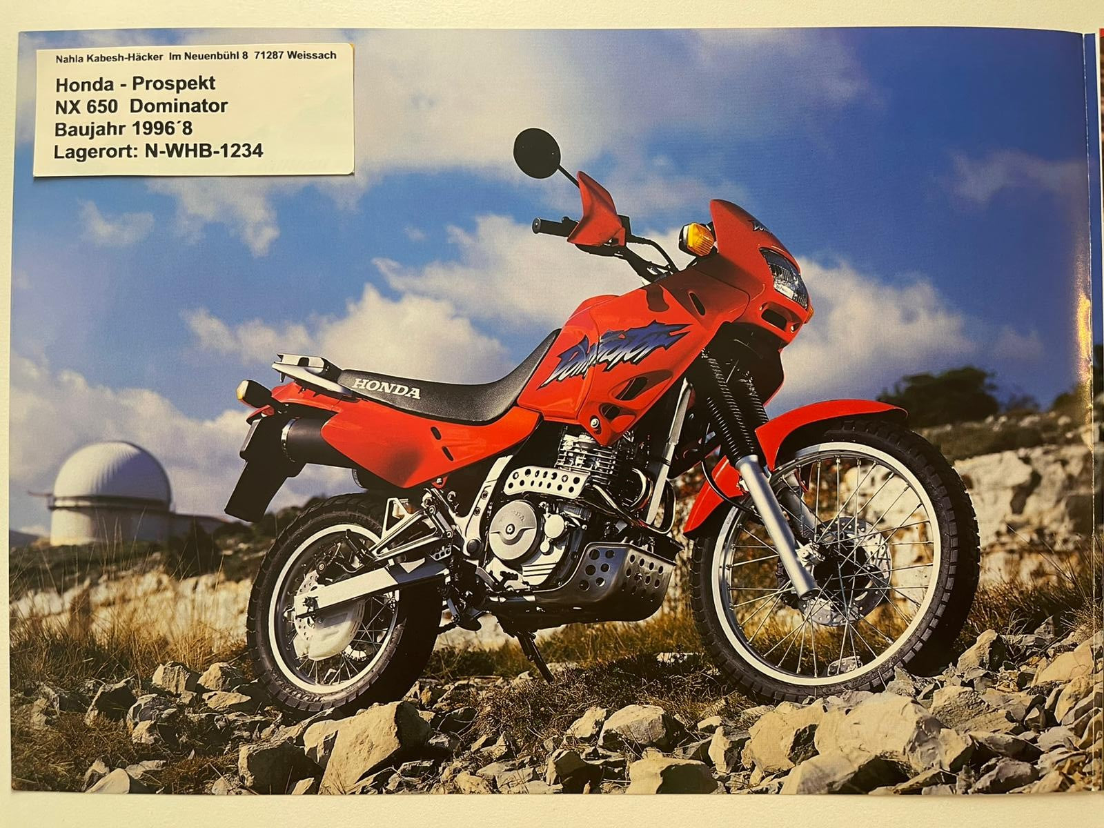 Prospekt Honda NX650 NX 650 Dominator Baujahr 1998 + Aufkleber