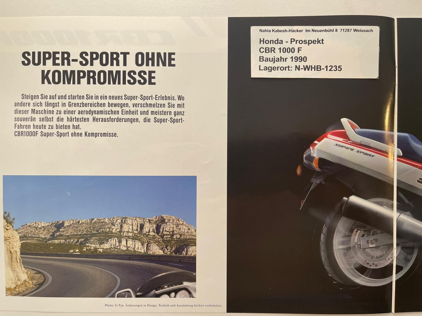 Prospekt Honda CBR1000F CBR 1000 F Baujahr 1990 + Aufkleber