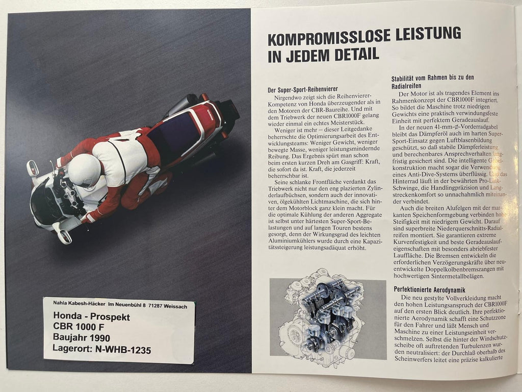 Prospekt Honda CBR1000F CBR 1000 F Baujahr 1990 + Aufkleber