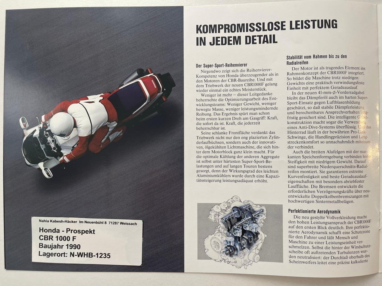 Prospekt Honda CBR1000F CBR 1000 F Baujahr 1990 + Aufkleber