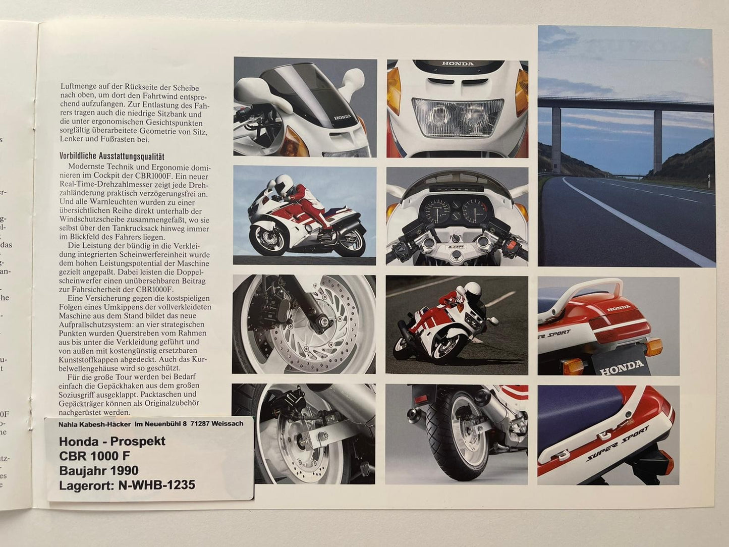 Prospekt Honda CBR1000F CBR 1000 F Baujahr 1990 + Aufkleber