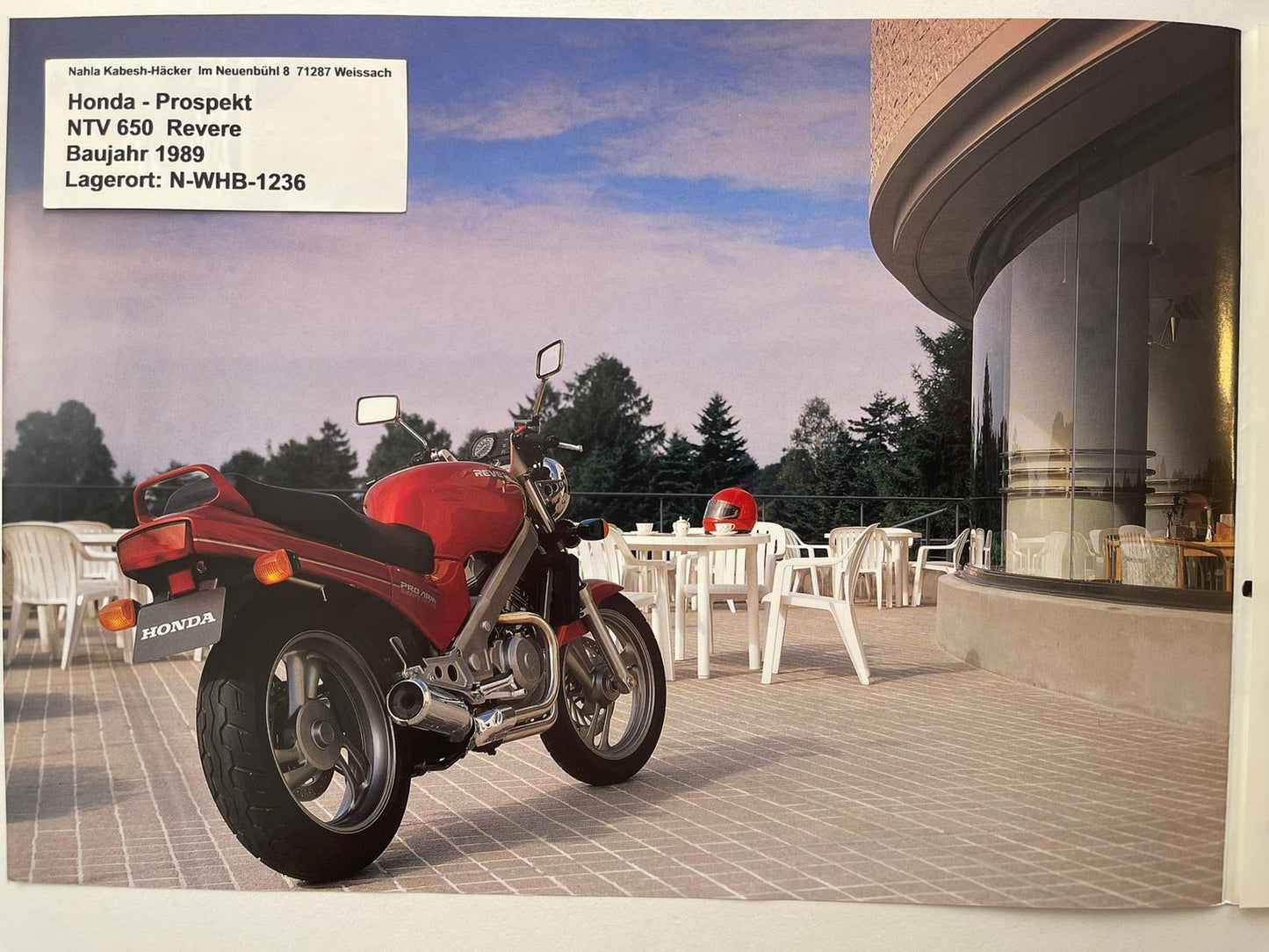 Prospekt Honda NTV650 NTV 650 Revere Baujahr 1989 + Aufkleber