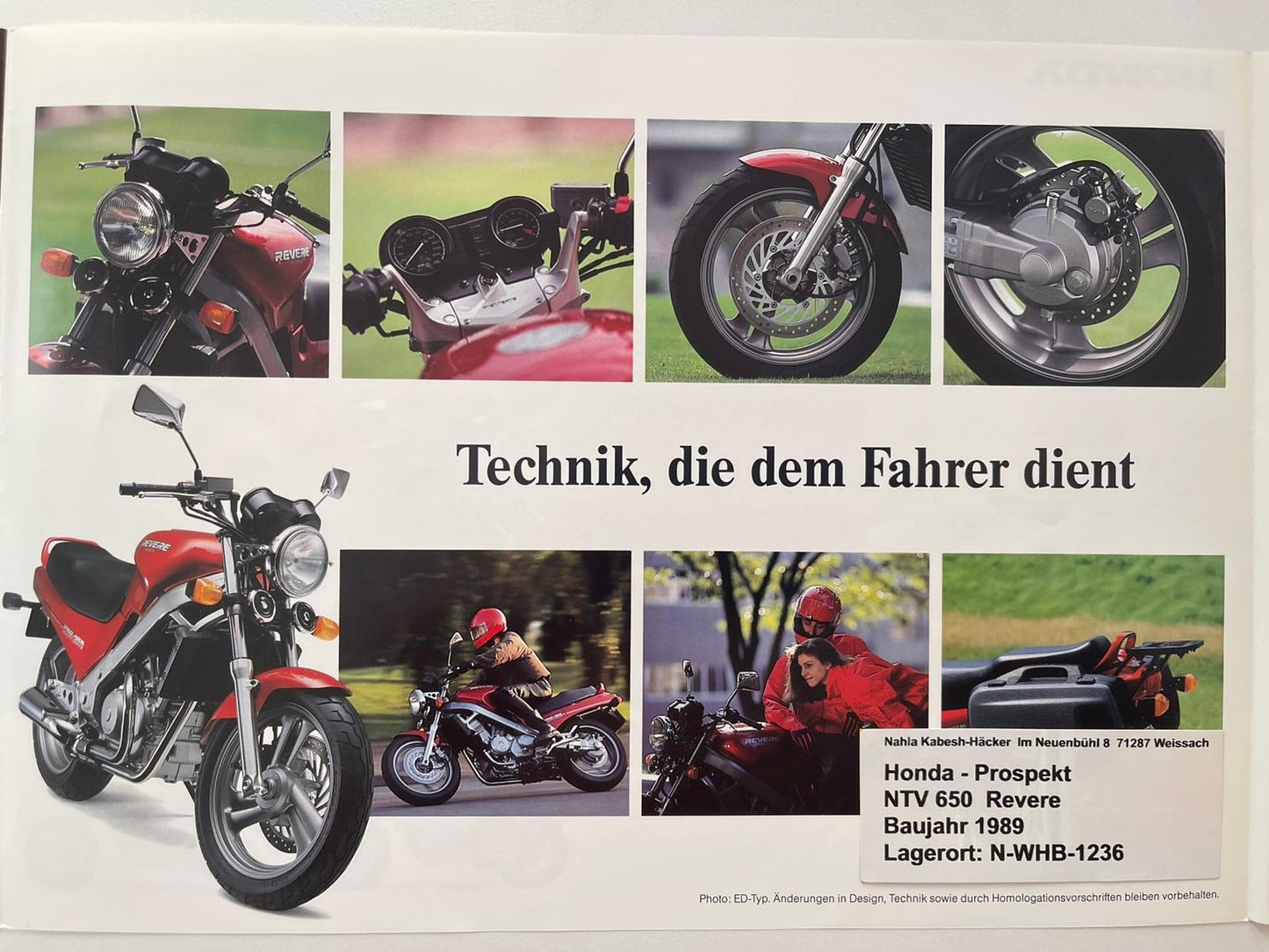 Prospekt Honda NTV650 NTV 650 Revere Baujahr 1989 + Aufkleber