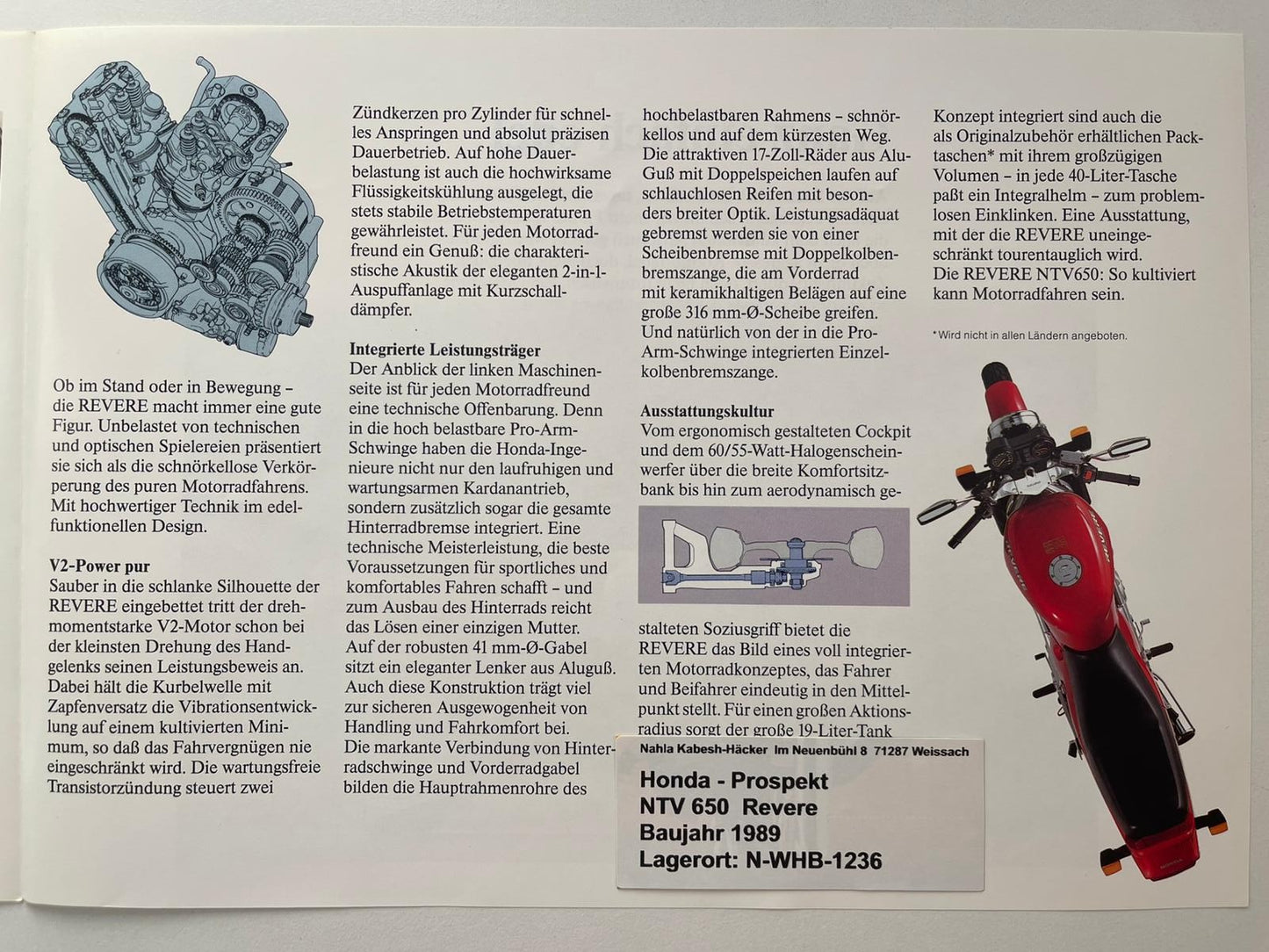 Prospekt Honda NTV650 NTV 650 Revere Baujahr 1989 + Aufkleber