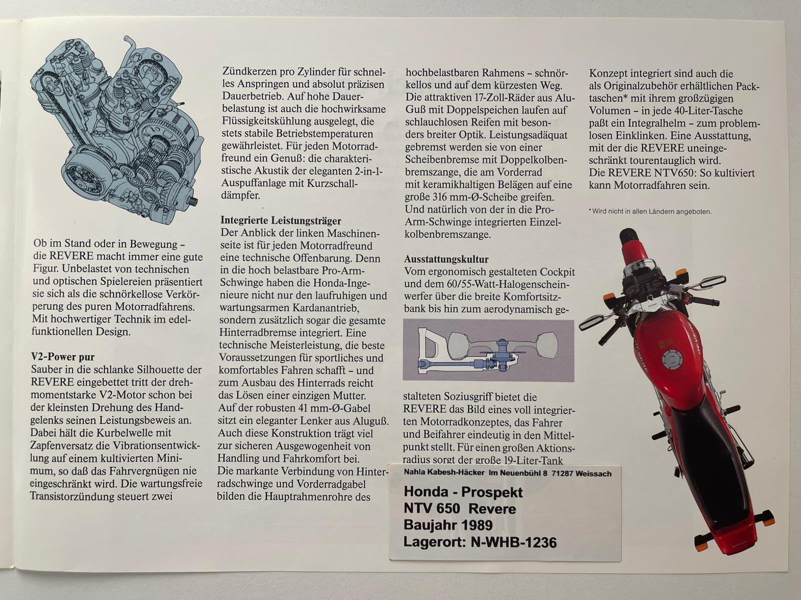 Prospekt Honda NTV650 NTV 650 Revere Baujahr 1989 + Aufkleber