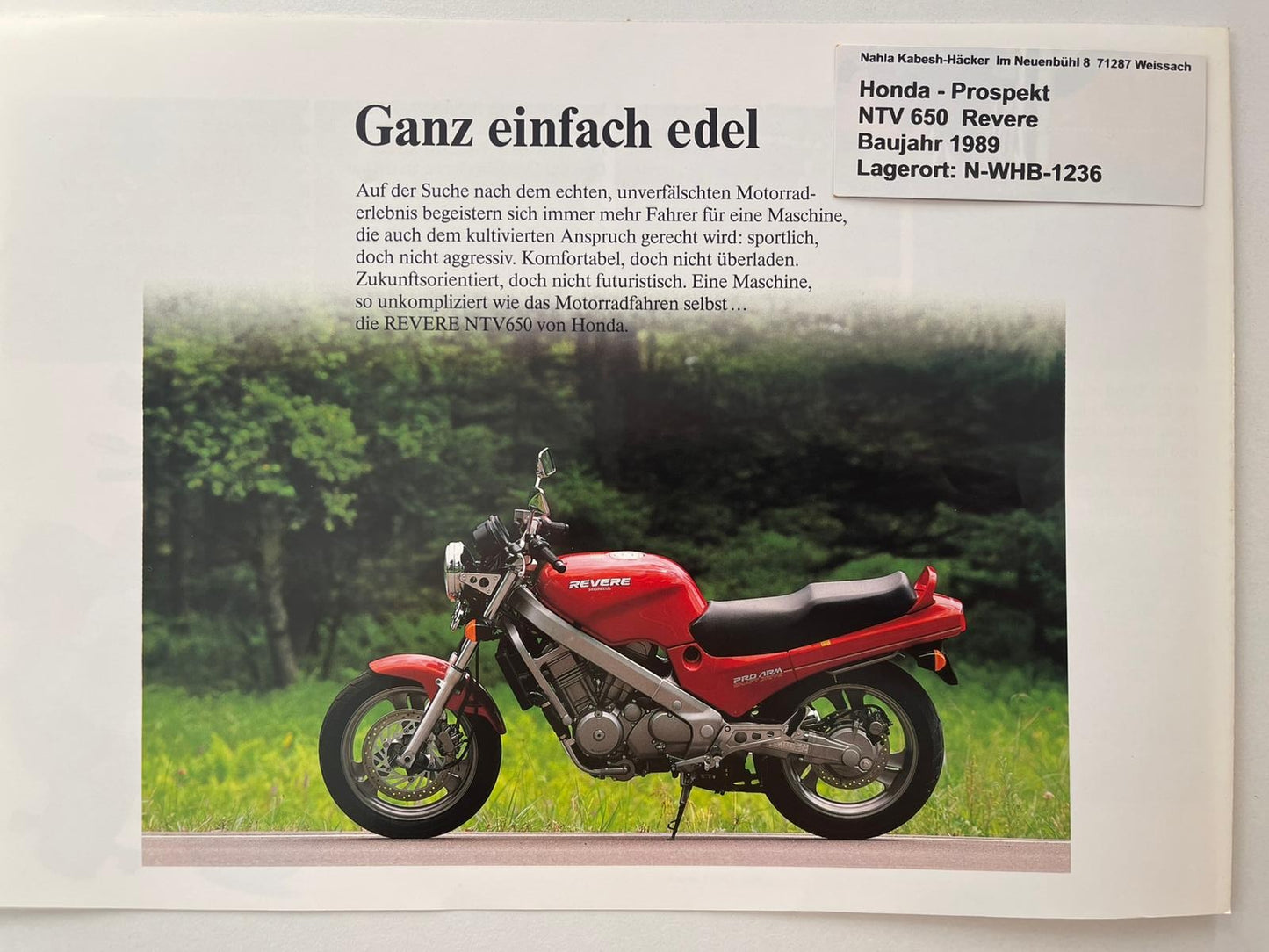 Prospekt Honda NTV650 NTV 650 Revere Baujahr 1989 + Aufkleber