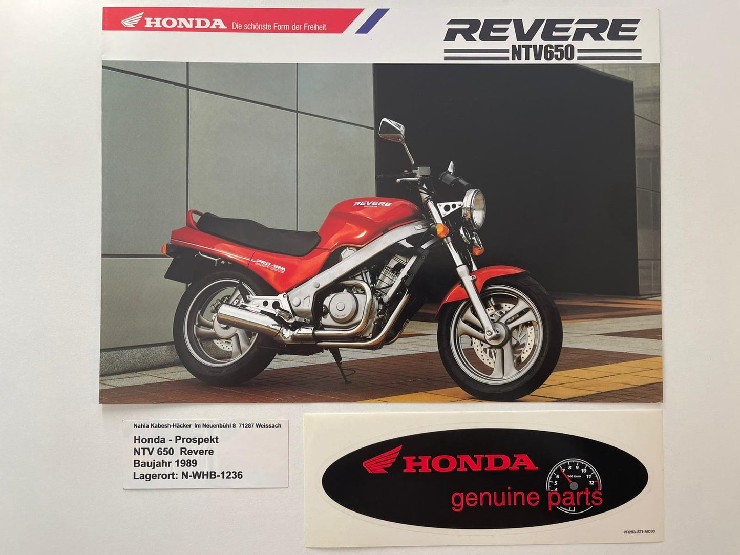Prospekt Honda NTV650 NTV 650 Revere Baujahr 1989 + Aufkleber