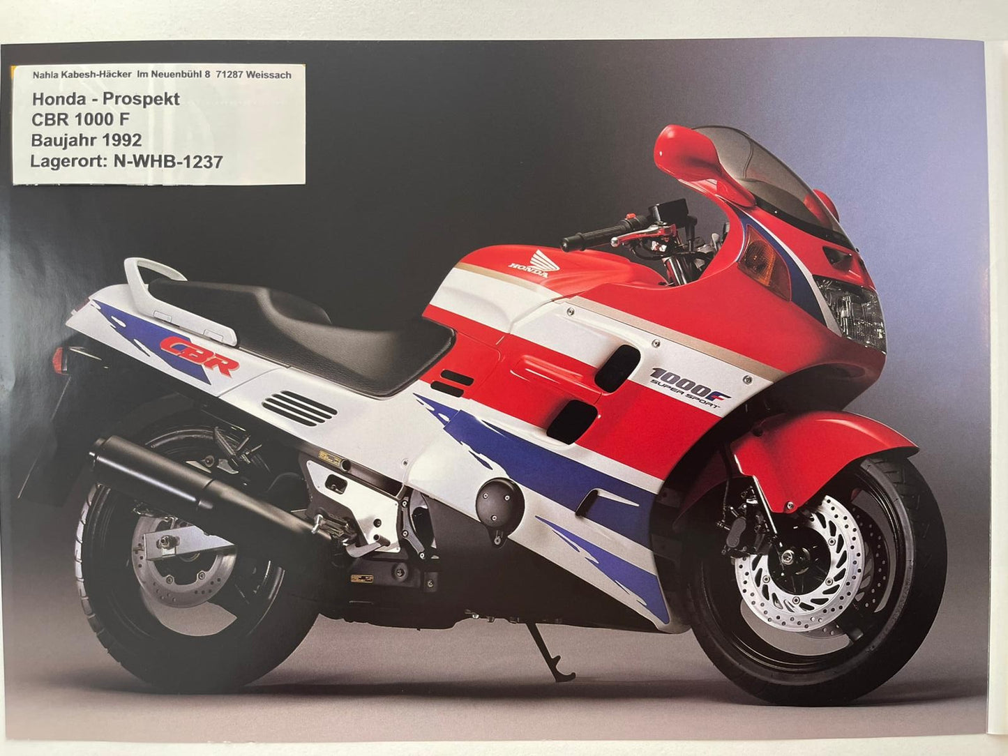 Prospekt Honda CBR1000F CBR 1000 F Baujahr 1992 + Aufkleber