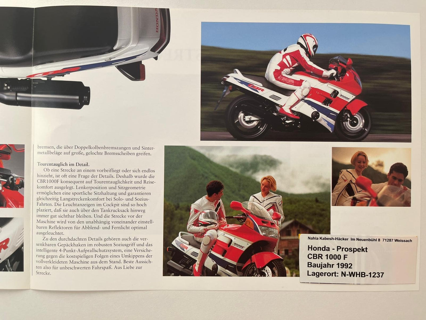 Prospekt Honda CBR1000F CBR 1000 F Baujahr 1992 + Aufkleber
