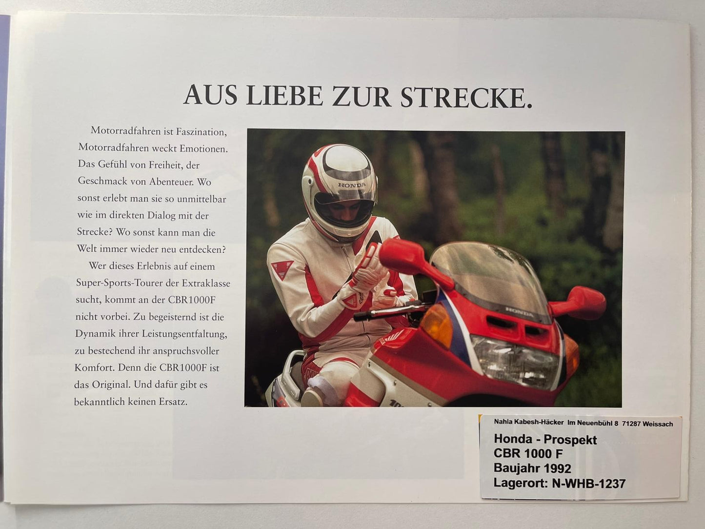 Prospekt Honda CBR1000F CBR 1000 F Baujahr 1992 + Aufkleber