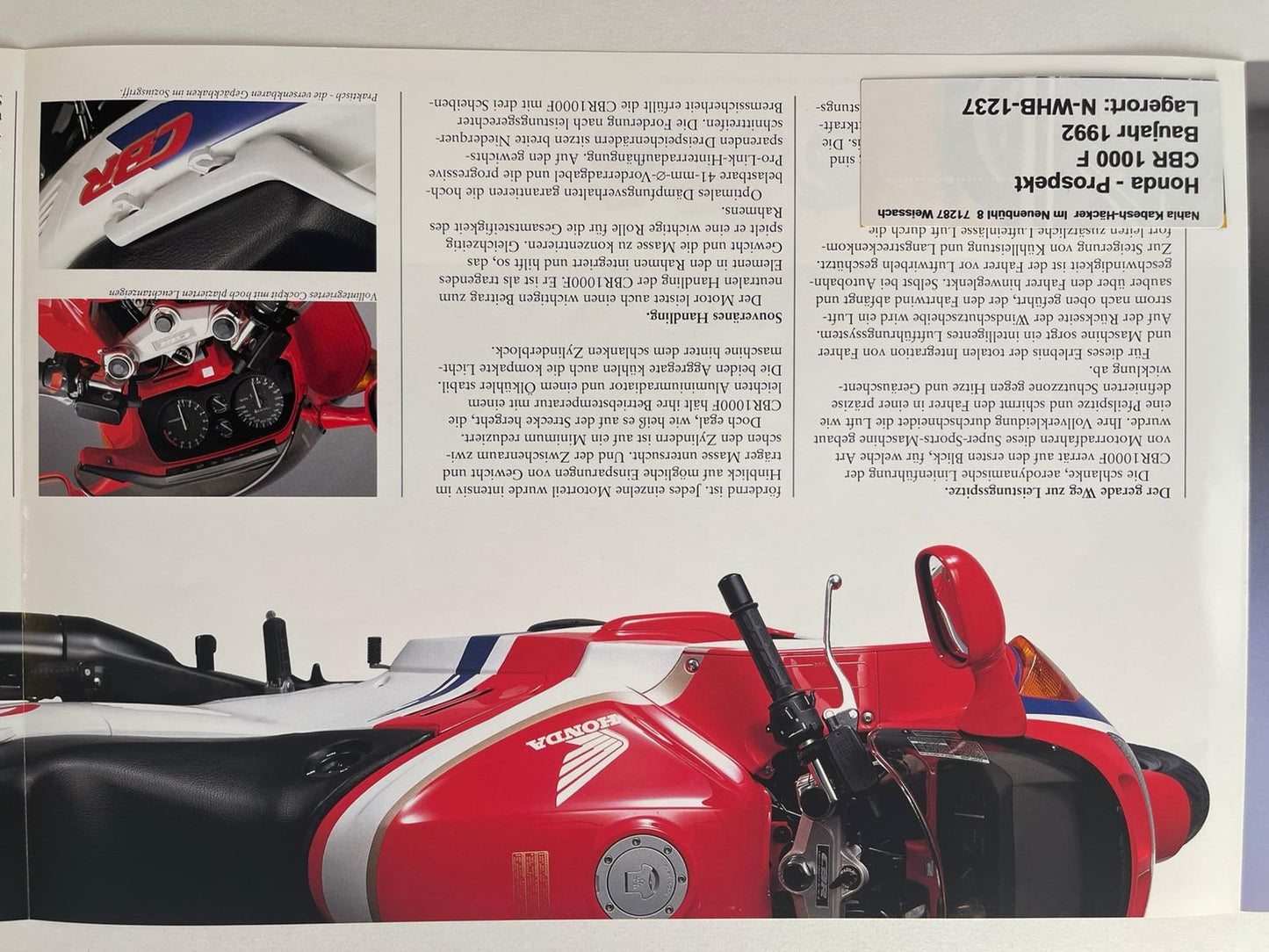 Prospekt Honda CBR1000F CBR 1000 F Baujahr 1992 + Aufkleber