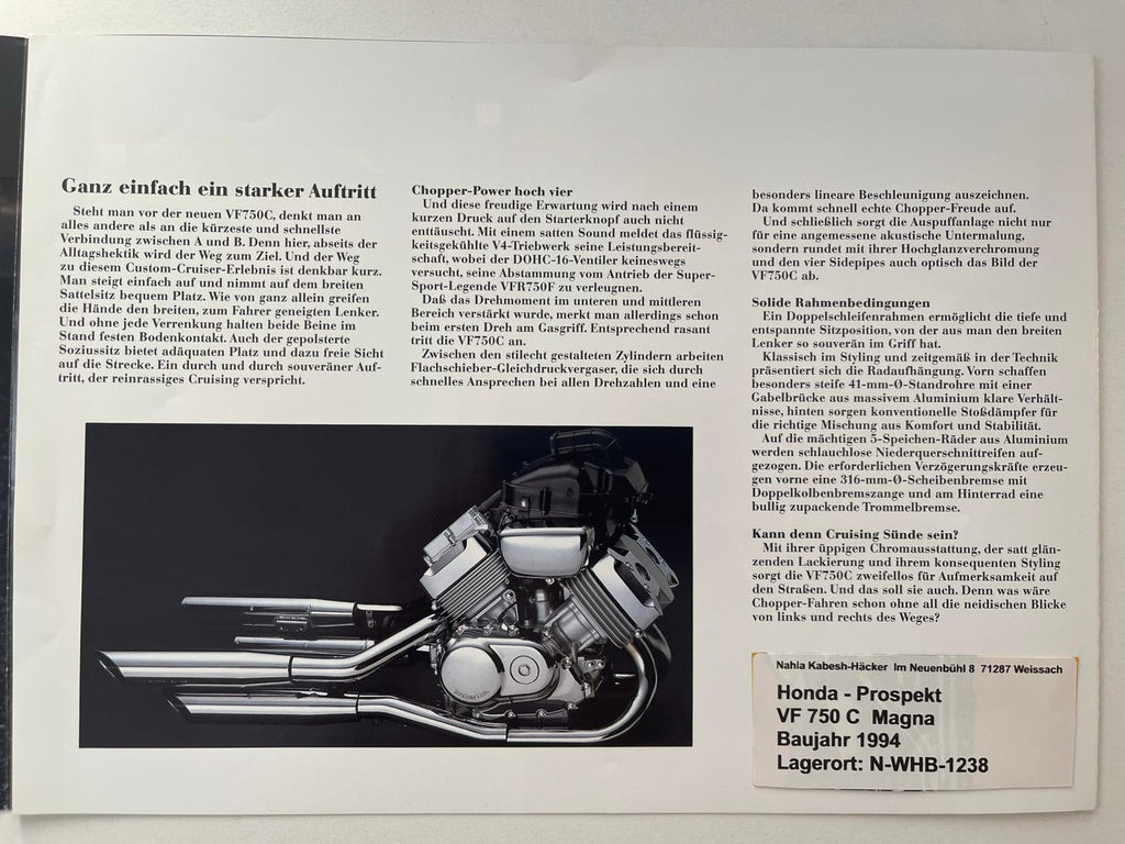 Prospekt Honda VF750C VF 750 S Magna Baujahr 1994 + Aufkleber