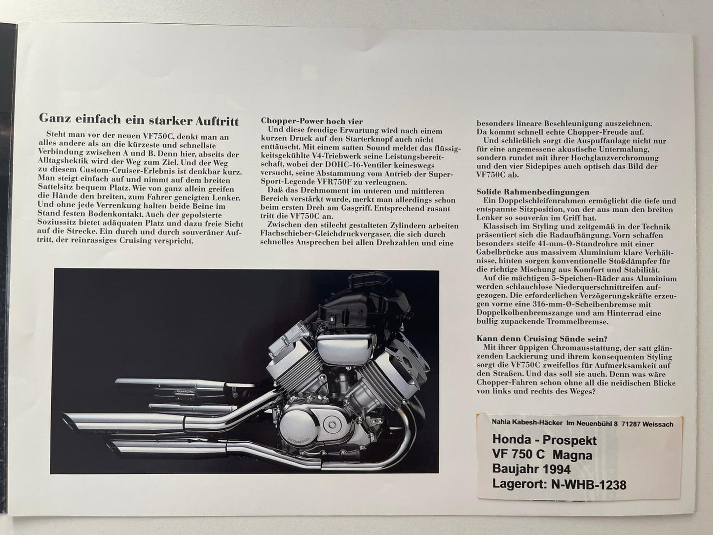 Prospekt Honda VF750C VF 750 S Magna Baujahr 1994 + Aufkleber