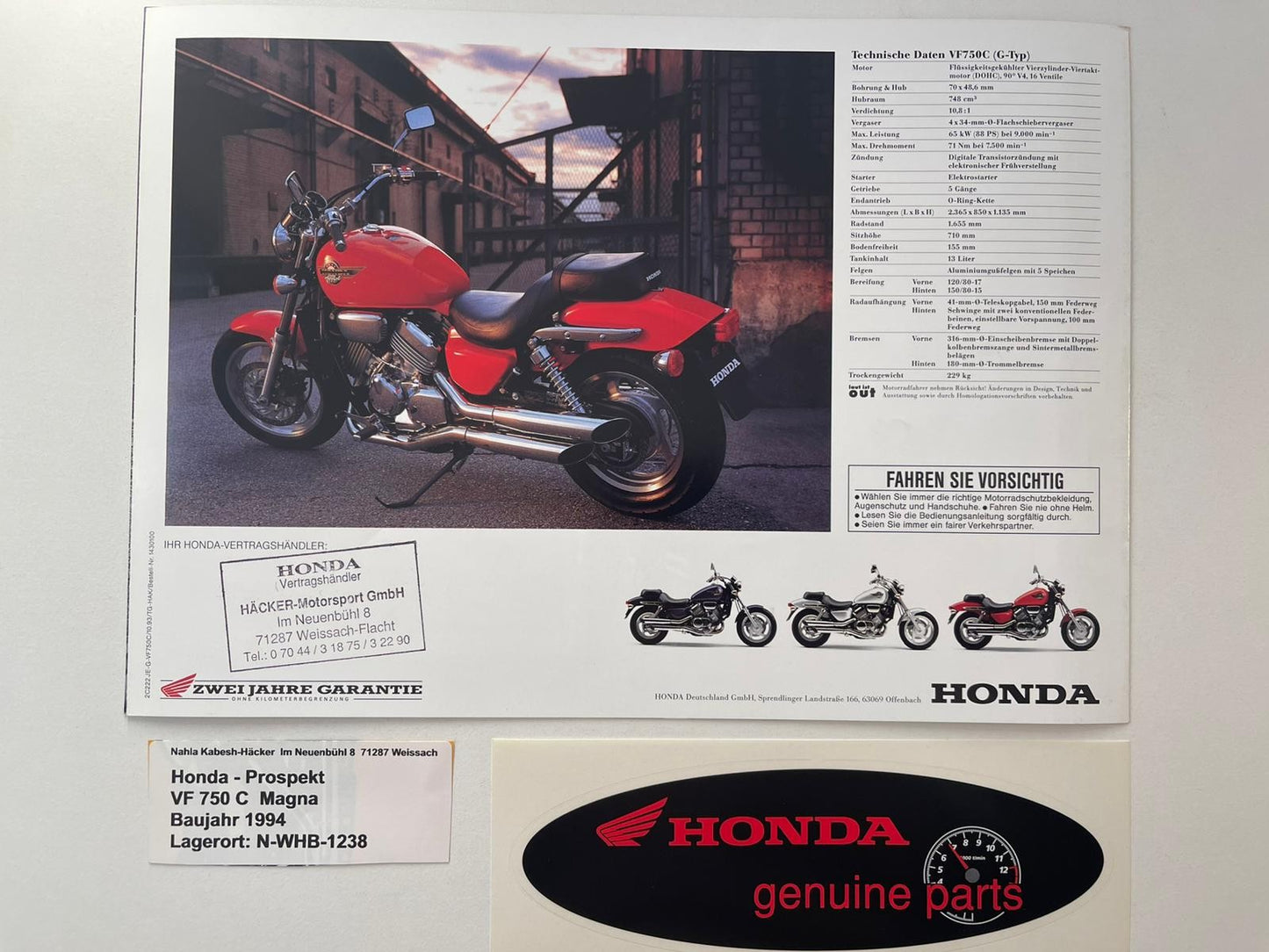 Prospekt Honda VF750C VF 750 S Magna Baujahr 1994 + Aufkleber
