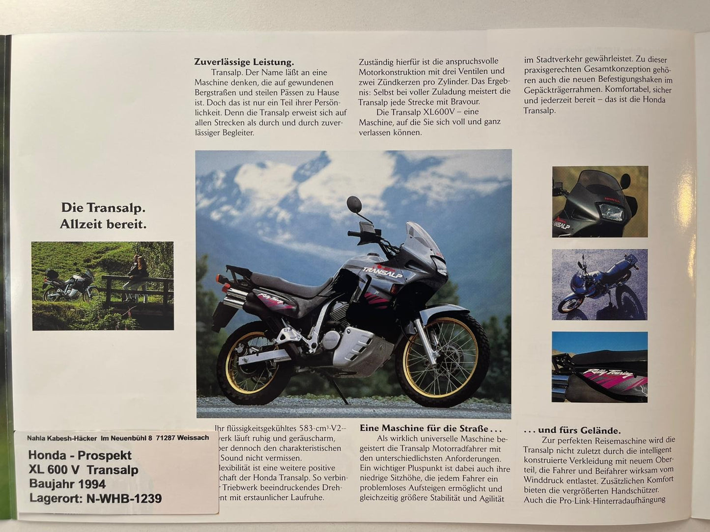 Prospekt Honda XL600V XL 600 V Transalp Baujahr 1994 + Aufkleber