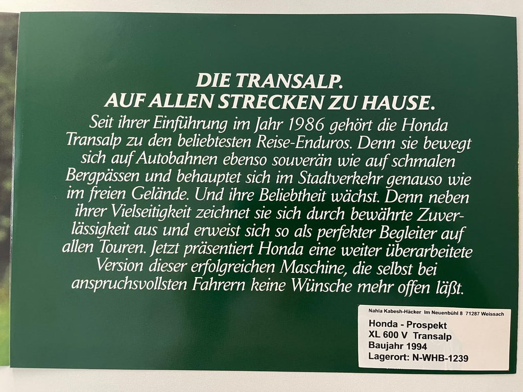 Prospekt Honda XL600V XL 600 V Transalp Baujahr 1994 + Aufkleber